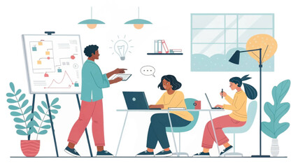 Diverse team collaborating on a project in a modern office. Presenter uses a tablet and whiteboard, while colleagues work on laptops, fostering innovation and productivity.