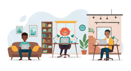 Diverse people working remotely from home or modern office, highlighting flexible work, collaboration, and productivity. Ideal for business and lifestyle concepts.