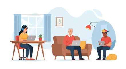 Diverse people working and learning from home on laptops and tablets, illustrating remote work, online education, and digital lifestyle.