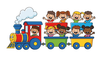 All aboard the Joy Train: A colorful cartoon train chugs along, brimming with the excited faces of gleeful children, their arms raised in pure delight.