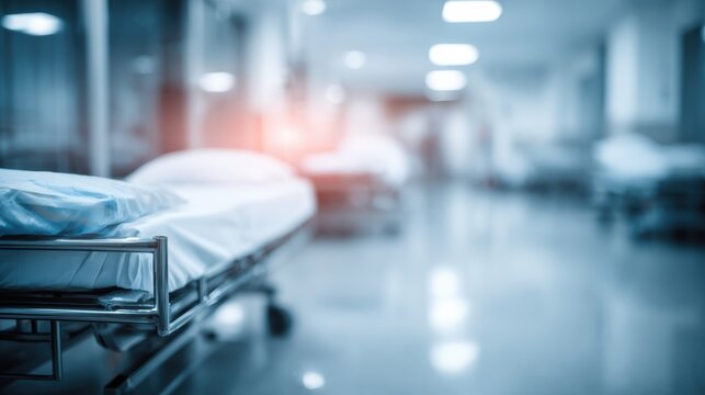 A blurred view of an empty hospital corridor with empty beds, highlighting the sterile environment of healthcare spaces.