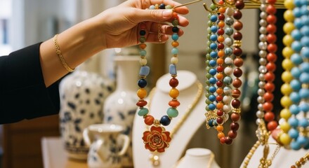 Woman's hand selecting beaded necklace from display