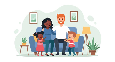 Happy diverse family with parents and two children on a sofa, embracing and smiling in a cozy living room. Perfect for concepts of home, love, and togetherness.