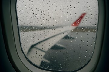 Rain on Airplane Window During Flight, Blurred Wing and Sky Background, Water Droplets

