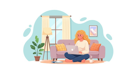 Happy young woman working remotely on laptop at home. Illustrates comfortable remote work, online learning, or digital lifestyle, perfect for modern business and education concepts.