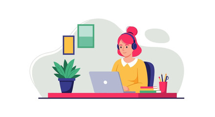 Smiling woman with headphones working on laptop at a home office desk, representing remote work, online learning, or digital communication. Ideal for business, education, and lifestyle content.