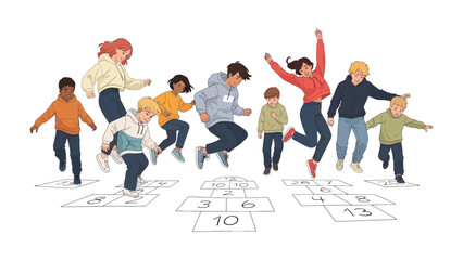 Hopscotch Happiness: A delightful scene unfolds as a group of kids engage in a vibrant hopscotch game, their faces alight with joyful energy and pure playfulness.