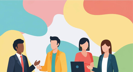 Diverse business team collaborating in a vibrant, modern setting. Represents teamwork, communication, and strategy for corporate success and professional development.