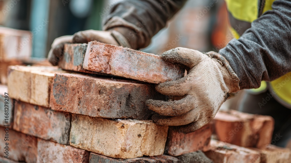 Poster a construction worker carefully stacking bricks, showcasing the craftsmanship and effort in building