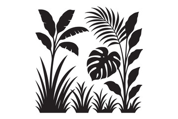 Grass and Tropical Leaves Jungle Nature black silhouette on white background