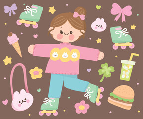 cute girl wearing sweater gong to hangout use roller shoes while drinking matcha