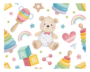 Watercolor baby themed toys seamless patterns