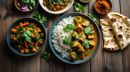 Traditional Indian Meal with Curry, Rice, and Naan