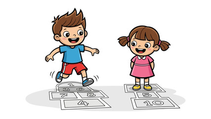 Hopscotch Dreams: Two playful children engage in a lively game of hopscotch, showcasing childhood joy and the simple pleasures of outdoor fun.