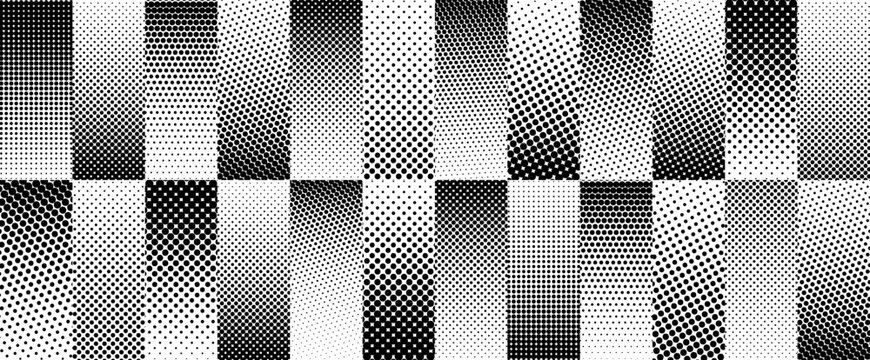 Halftone gradient stripes background. Fading dotted gradation lines wallpaper. Black and white halftone dotted line wallpaper for overlay, print, cover. Vector repeated dot work strip pattern backdrop