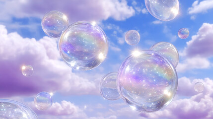 Naklejka premium Floating orbs shimmer in dreamy sky filled with soft clouds, creating enchanting atmosphere. iridescent bubbles reflect light, adding magical touch to serene scene
