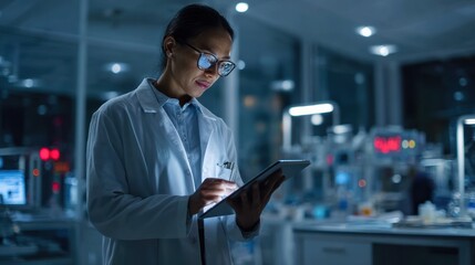 A focused scientist analyzes data on a tablet in a modern laboratory filled with advanced equipment.