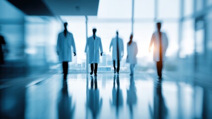A group of medical professionals walking confidently in a modern healthcare facility.