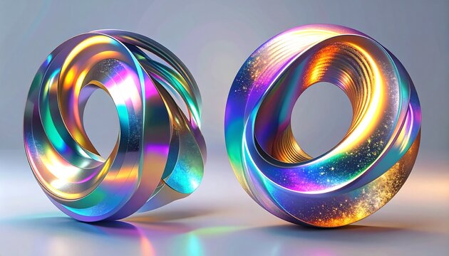 3d set of holographic geometric shape torus. Metal simple figure for your design. 