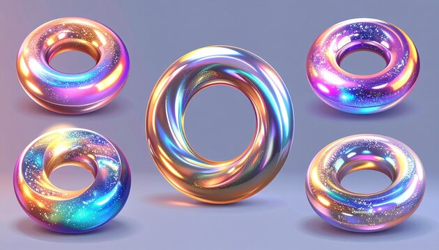 3d set of holographic geometric shape torus. Metal simple figure for your design. 