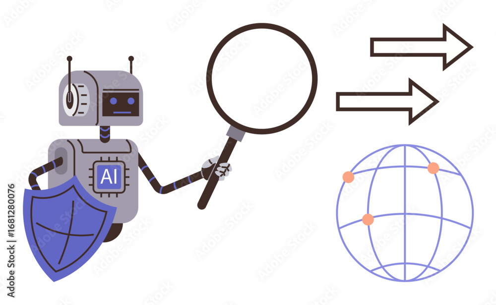 Aufkleber robot holding magnifying glass and shield near globe with arrows, emphasizing ai in data analysis, c