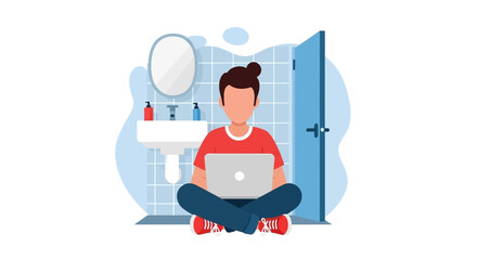 Young person focused on their laptop, sitting cross-legged on the bathroom floor. Concept of remote work, flexibility, and unique home office setup.