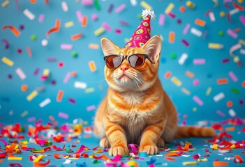 Orange tabby cat in party hat and sunglasses amidst colorful confetti on blue background,  blue background,  happy