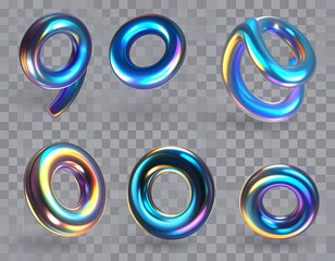 3d set of holographic geometric shape torus. Metal simple figure for your design. 