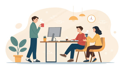 Team collaboration in a modern office, enjoying coffee breaks while working together. Represents teamwork, casual business, and a relaxed work environment.