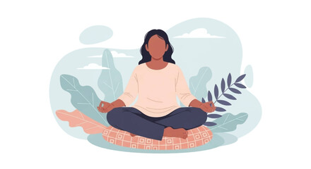 Serene woman meditating in lotus pose on a cushion amidst calming abstract foliage. Represents peace, mindfulness, and mental wellness for a balanced lifestyle.