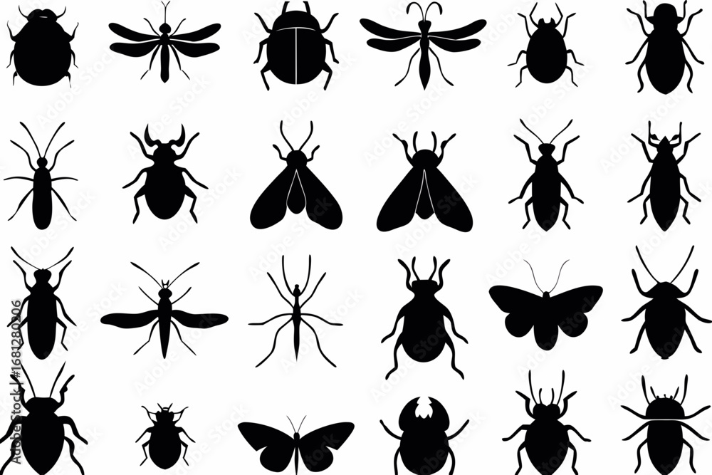 Poster collection of various insect silhouettes including beetles moths and dragonflies arranged in a grid 