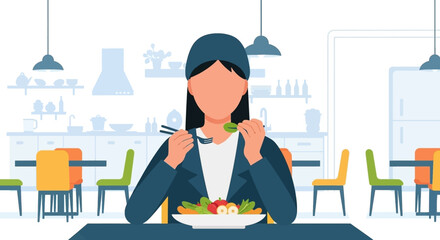 Professional woman enjoys a healthy salad in a modern dining setting. Concept of balanced diet, mindful eating, and corporate wellness.