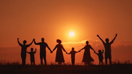 Fototapeta premium A joyful family silhouette celebrates togetherness at sunset with raised hands, symbolizing love and unity.