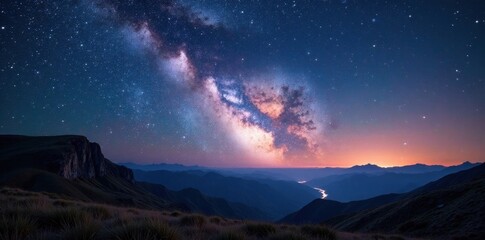 Fototapeta premium Majestic Milky Way arch, countless stars across panoramic landscape, night, space, dark