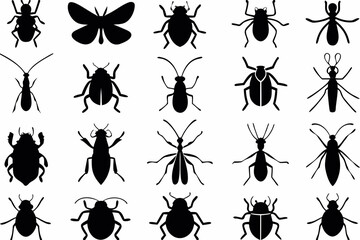 Collection of various insect silhouettes including beetles butterflies and ants in black and white design created with generated ai