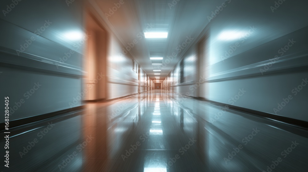 Poster a long, illuminated corridor with smooth flooring and warm lights, creating a tranquil atmosphere fo