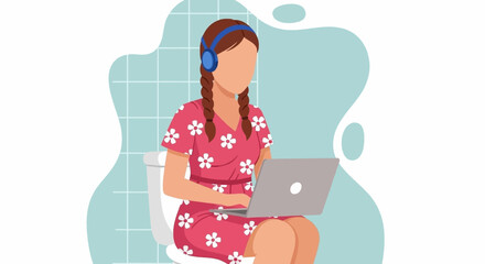 Woman on toilet with headphones and laptop, representing remote work, multitasking, and digital lifestyle privacy.