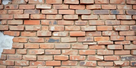 Obraz premium Weathered brick wall, peeling paint, exposed mortar, crumbling, details