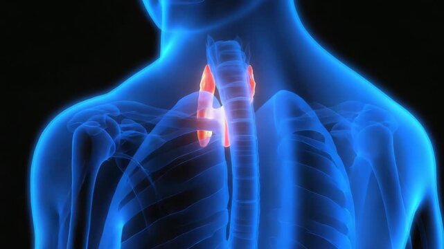 An orange silhouette of a thyroid within a blue human body on a black background