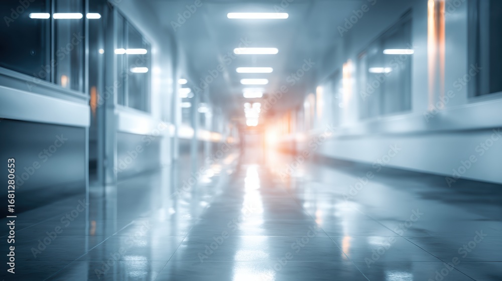 Poster a modern corridor with sleek design, reflecting lights, creating a serene atmosphere for all who pas