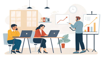 Professional business team collaborating in an office setting, with a presenter explaining data on a whiteboard while colleagues work on laptops. Ideal for corporate, teamwork, and startup concepts.