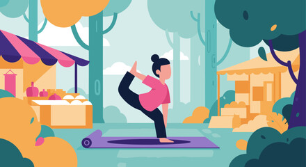 Flat illustration of a woman doing a yoga pose on a mat in an outdoor park or market, symbolizing health, balance, and well-being.
