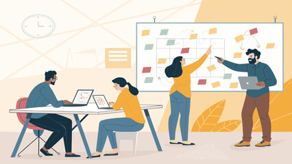 Professionals collaborating on project strategy, utilizing laptops and a whiteboard for brainstorming in a dynamic office environment.