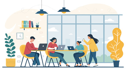 Diverse team collaborating in a modern, open-plan office. Professionals working on laptops and mobile devices, showcasing teamwork and productivity in a business environment.