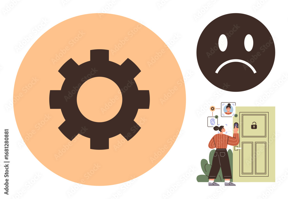 Poster gear mechanism, sad face, person troubleshooting login problem with locked door and facial recogniti