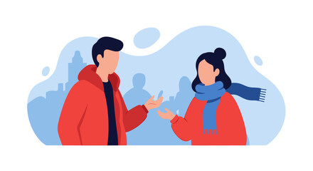 Two individuals in winter jackets and scarf communicate in an urban setting. Perfect for illustrating dialogue, social interaction, advice, or networking concepts.
