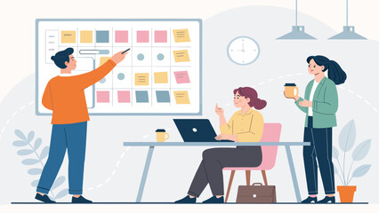 Business team collaborates in a modern office, planning tasks on a visual board. Concept of project management, teamwork, and productivity.