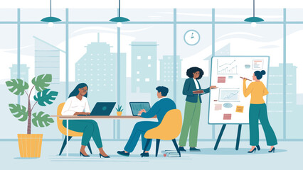 Diverse business team collaborating in a modern office, analyzing data on laptops and whiteboards. Illustrates teamwork, innovation, and professional productivity in an urban setting.
