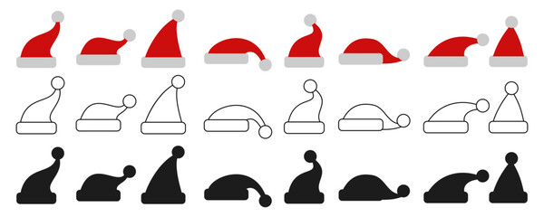 Christmas hats set, red outline and solid style