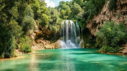 Fototapeta premium Lush waterfall cascading into turquoise pool, forest backdrop, nature scene